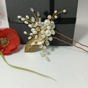 White Jora Pin with Golden Leaf