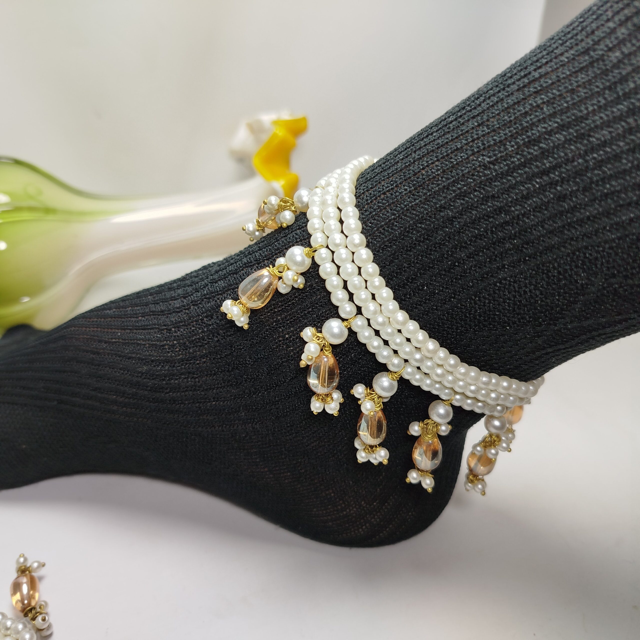 Golden & White Pearl Payal (Pair) - Image 4