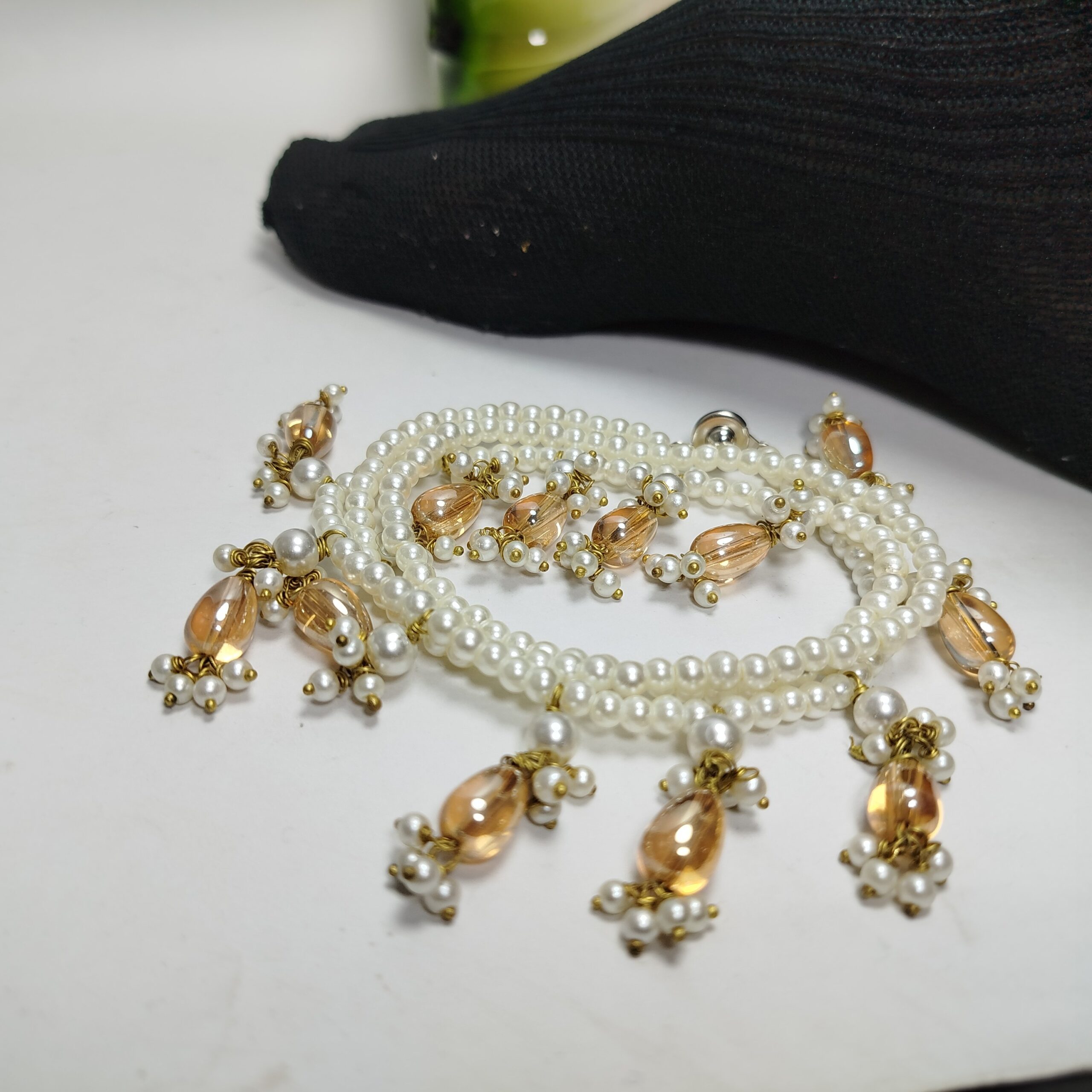 Golden & White Pearl Payal (Pair) - Image 3