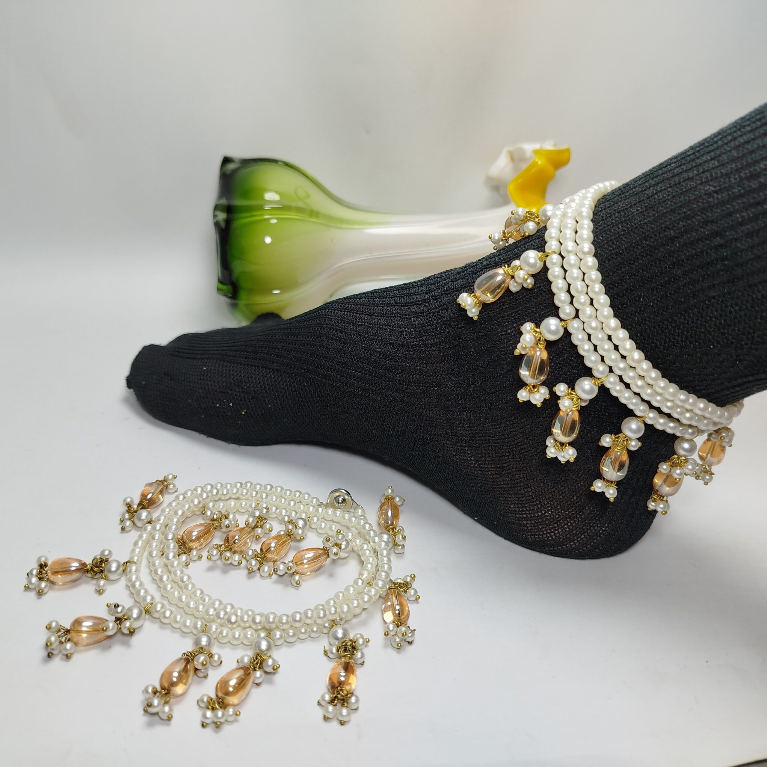 Golden & White Pearl Payal (Pair) - Image 2