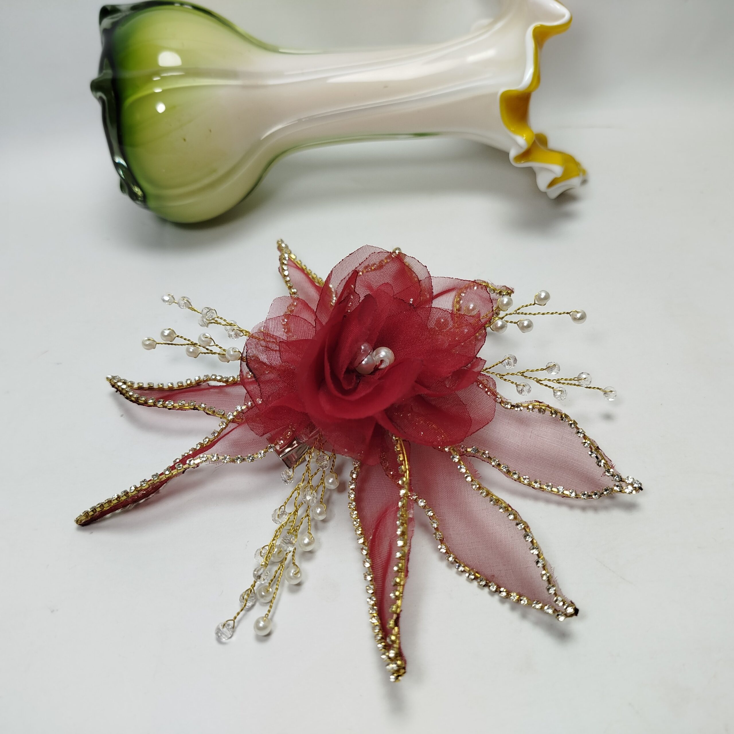 Organza Flower Pin for Styling (Red-Maroon) - Image 2