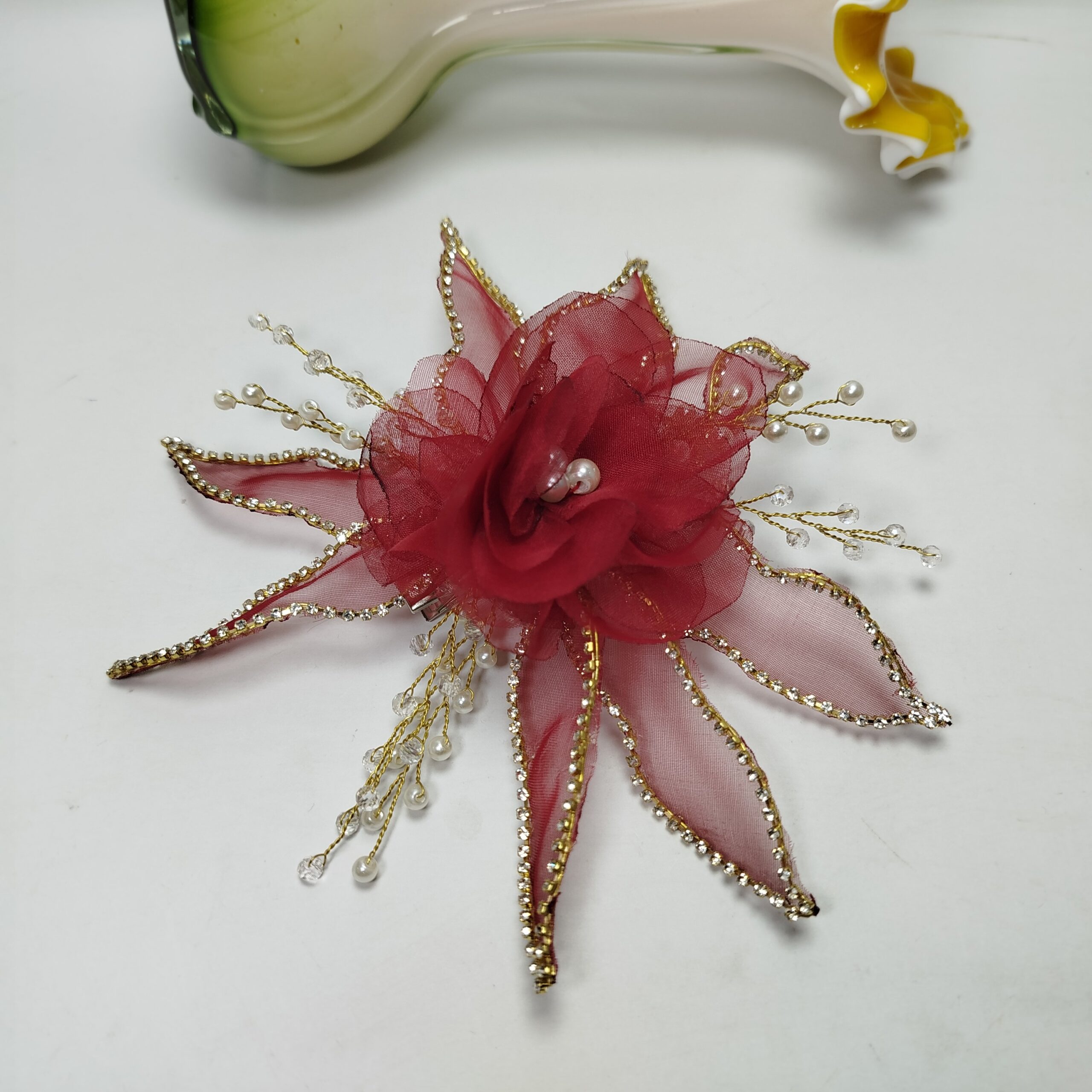 Organza Flower Pin for Styling (Red-Maroon) - Image 5