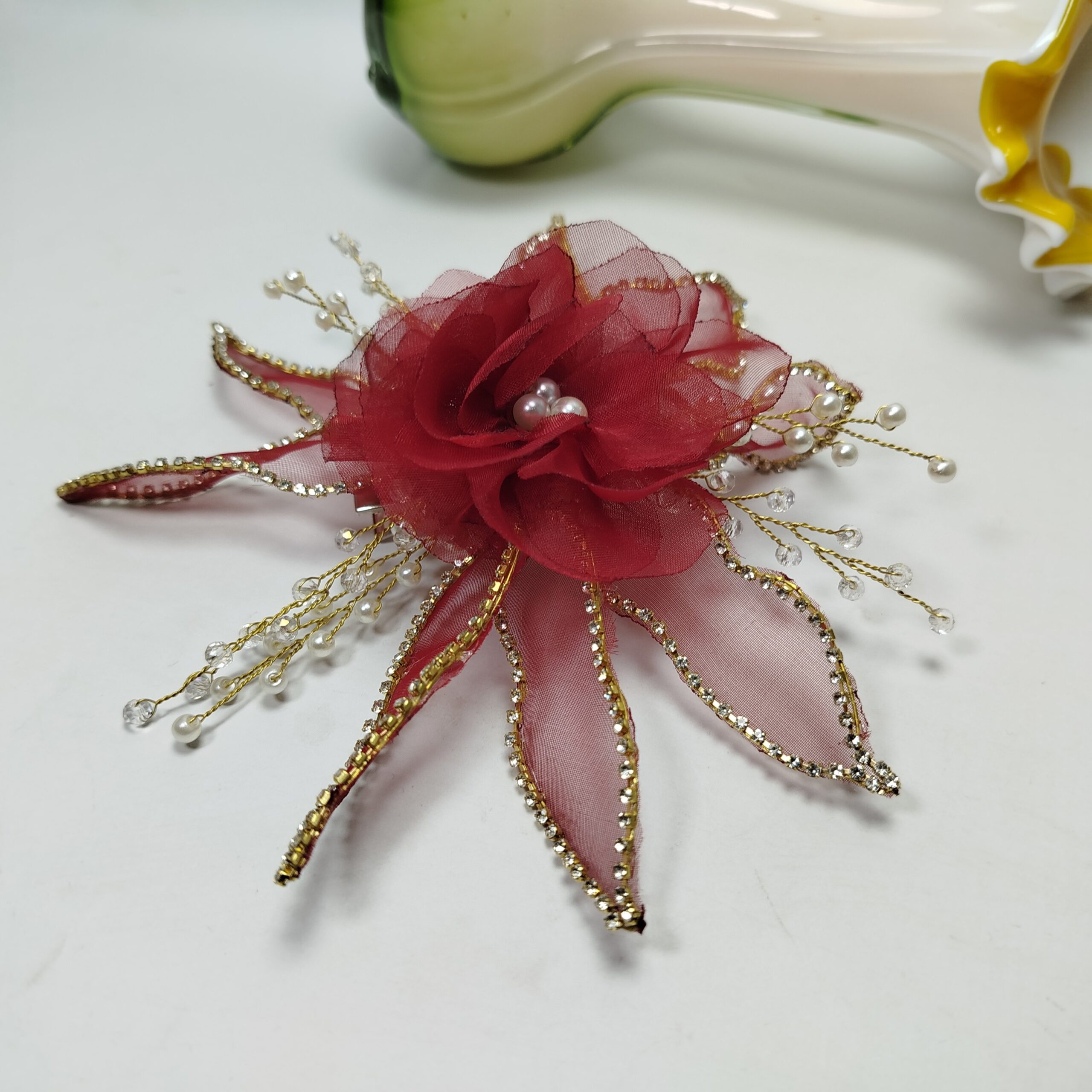 Organza Flower Pin for Styling (Red-Maroon) - Image 3