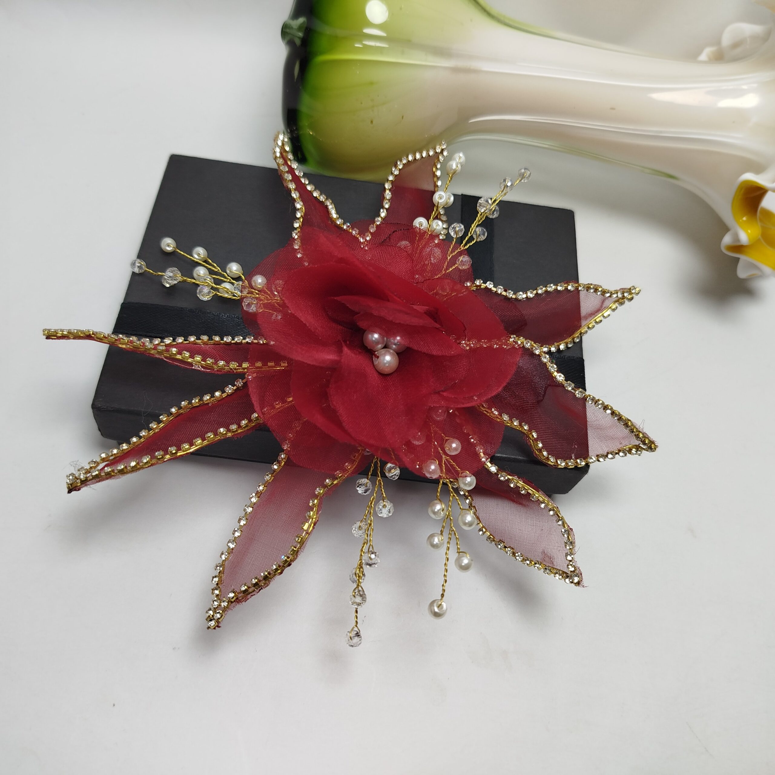 Organza Flower Pin for Styling (Red-Maroon)