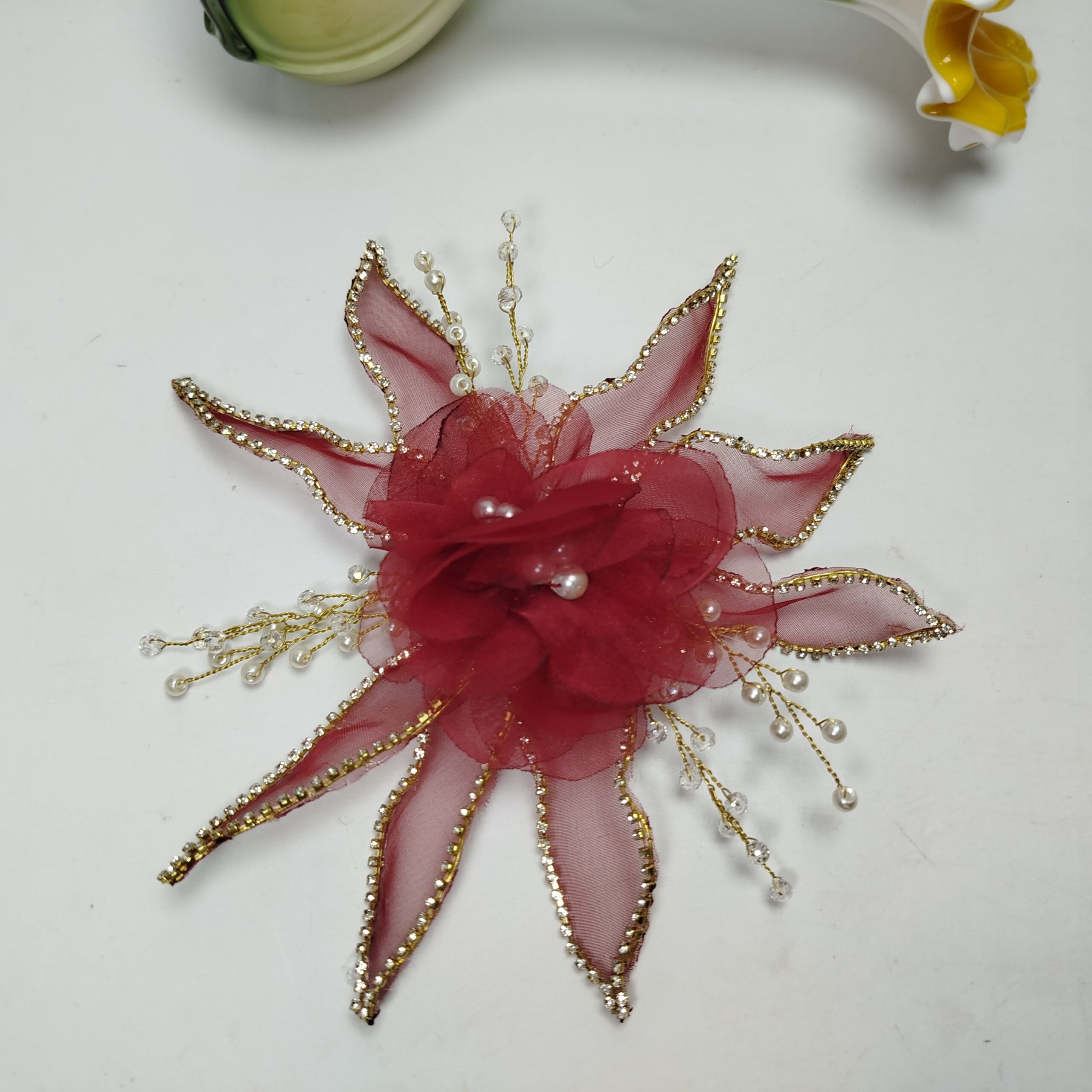 Organza Flower Pin for Styling (Red-Maroon) - Image 7
